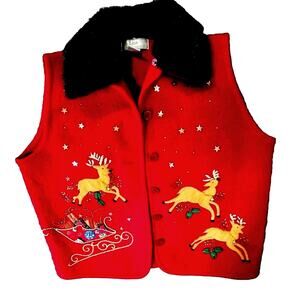 LISA Intl Christmas Knit Vest Red 100% Wool Women's Size Large Fur Collar
